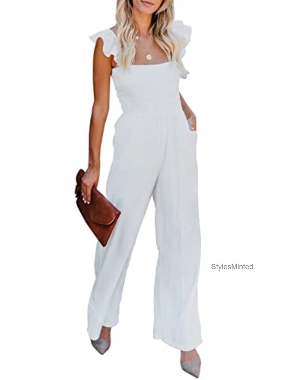 Womens High Waist Wide Leg Sleeveless Jumpsuit Ruffle Spaghetti Strap